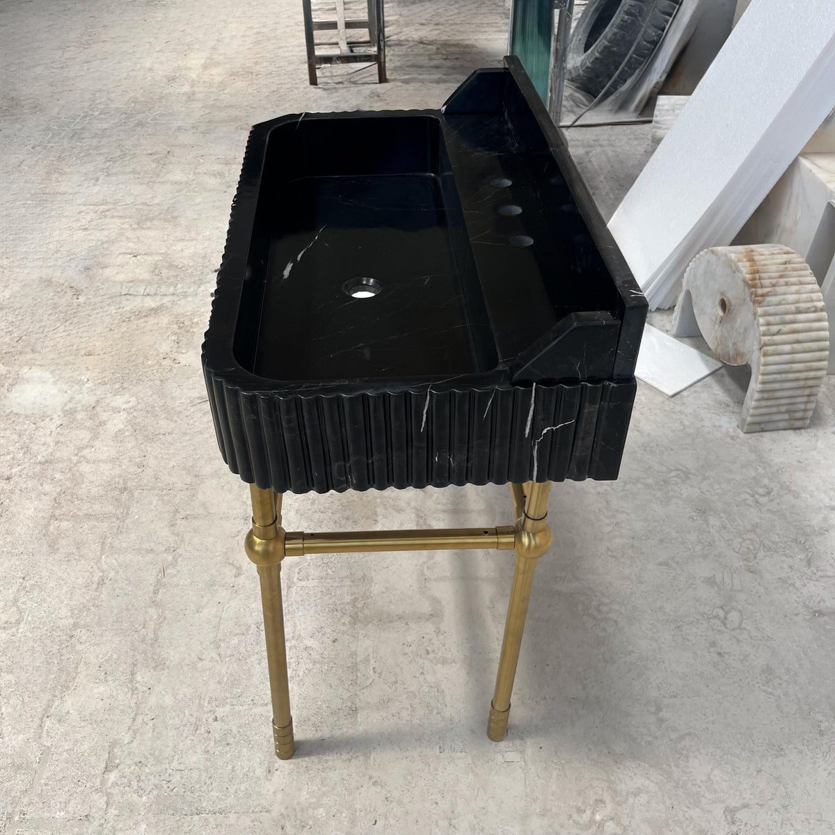 Black Marble Sink with Brass Console – Fluted Pietre Notte Stone Vanity Basin, Wall Mount Bathroom Sink for Luxury Interior Design M6M017 — view 3