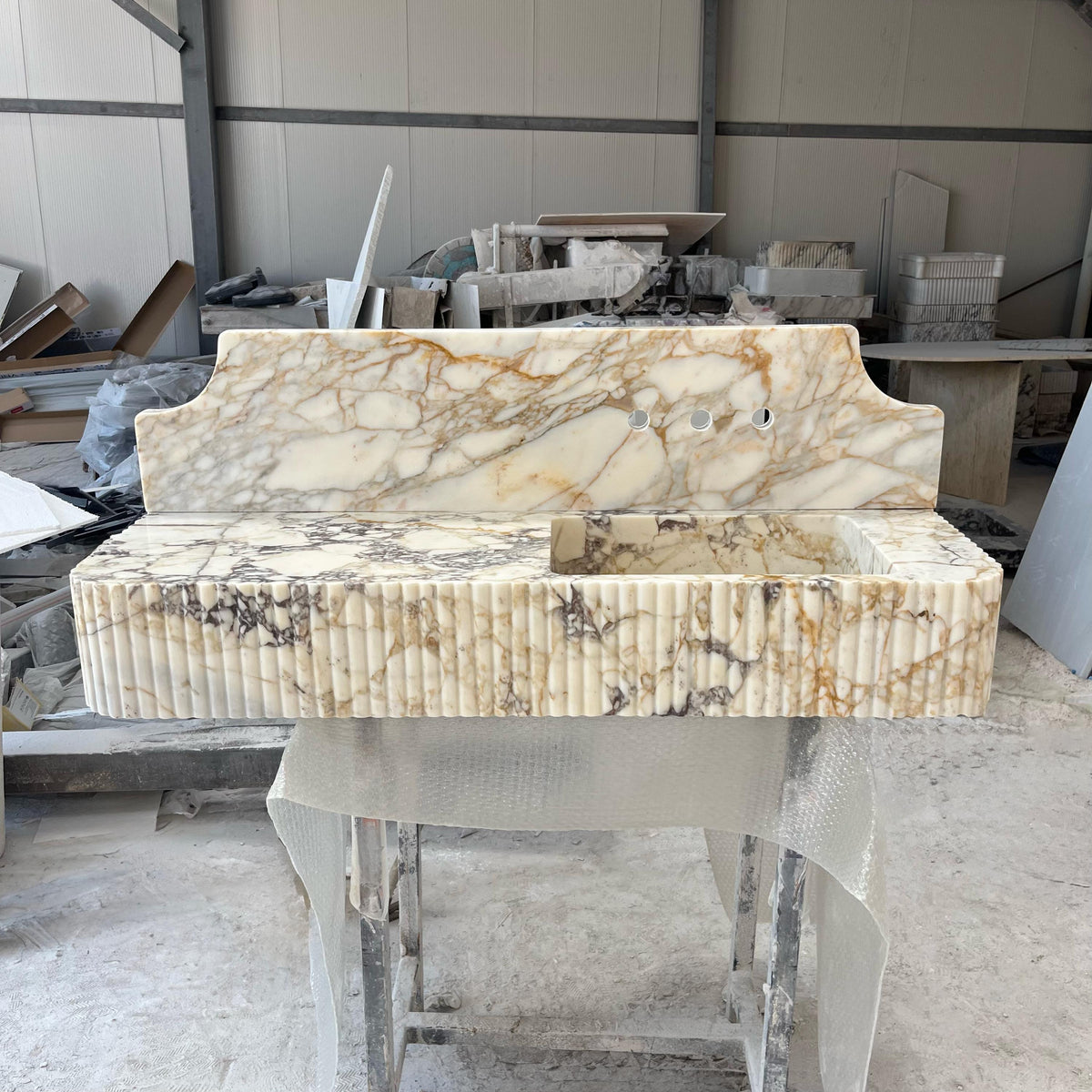 Natural Stone Sink with Backsplash, Wall Mounted Marble Vanity, Calacatta Monet Sink for Small Bathroom, Handcrafted Marble Basin M6S016 — view 1