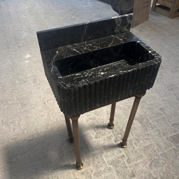 Fluted Pietre Notte Natural Marble Sink with Brass Legs & Backsplash – Luxury Floating Bathroom Vanity Stone Sink Basin M6M31