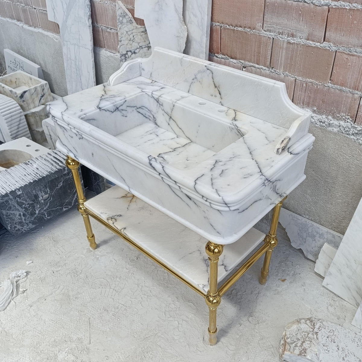 Lilac Marble Vanity Sink with Brass-Look Metal Base – Luxury Bathroom Console M6M27 — view 4