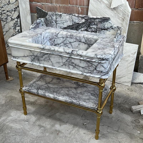 Lilac Marble Sink with Brass-Look Metal Base – Handcrafted 38