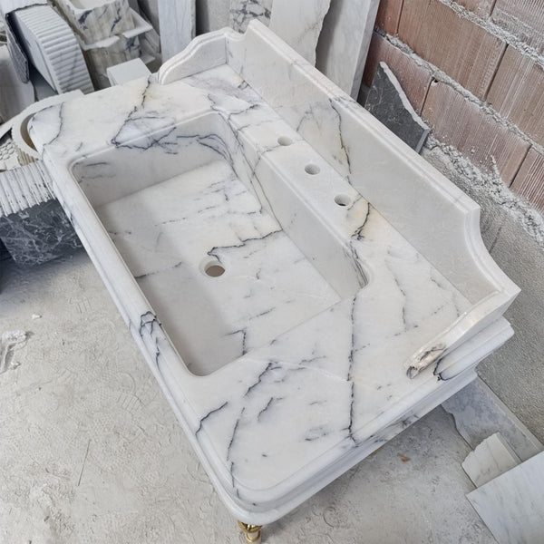 Lilac Marble Vanity Sink with Brass-Look Metal Base – Luxury Bathroom Console M6M27 hover