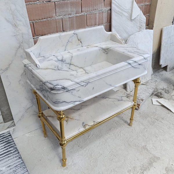 Lilac Marble Vanity Sink with Brass-Look Metal Base – Luxury Bathroom Console M6M27