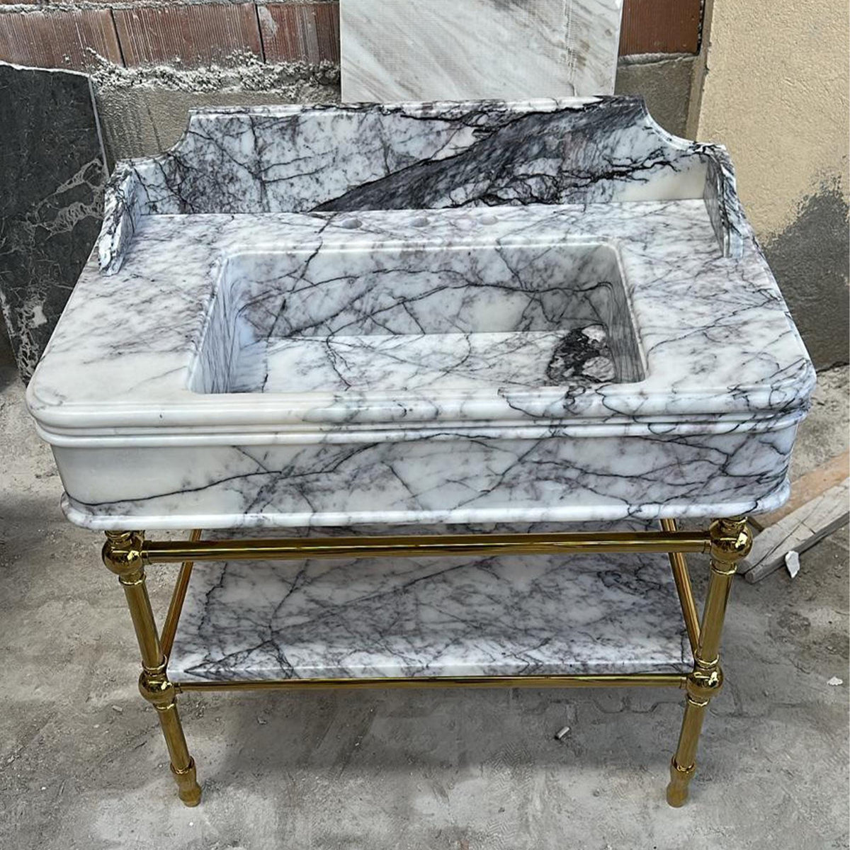 Lilac Marble Sink with Brass-Look Metal Base – Handcrafted 38" Bathroom Vanity Console for Luxury Interiors M6M54 — view 3