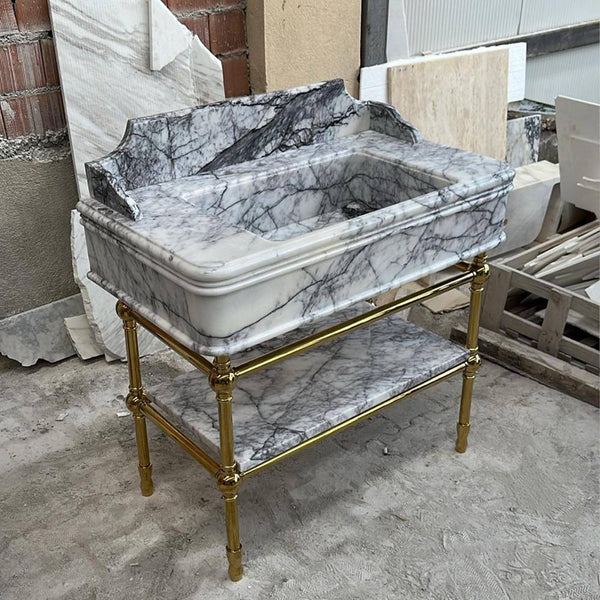 Lilac Marble Sink with Brass-Look Metal Base – Handcrafted 38