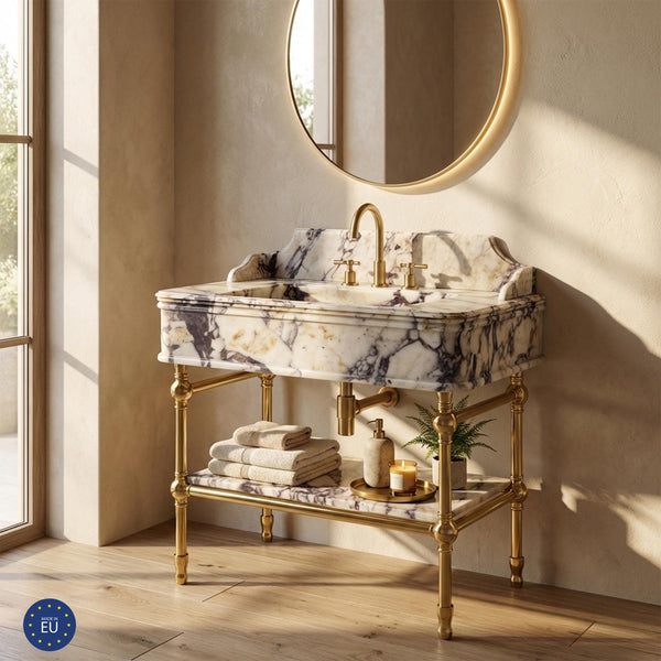 Calacatta Viola Marble Sink with Metal Base | Custom Stone Bathroom Console | Natural Marble Sink Top with Metal Legs M6M004