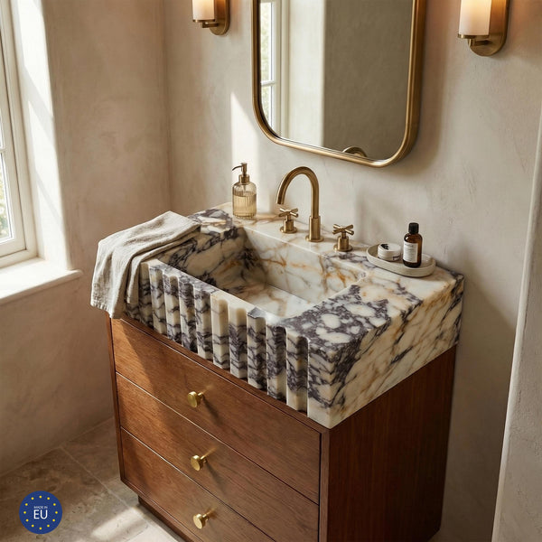 Calacatta Viola Marble Fluted Sink with Wood Drawer Vanity – Natural Stone Bathroom Console for Small Spaces and Modern Powder Rooms M6F014