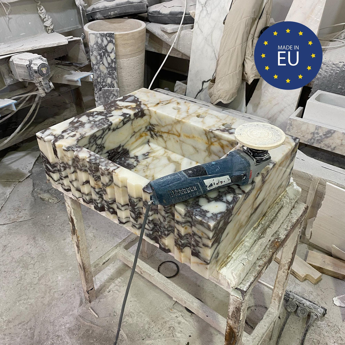 Marble Pedestal Sink | Calacatta Viola Fluted Marble Vanity Basin with Wood Vanity and Hand Carved Detail, Small Batch Artisan Production — view 9