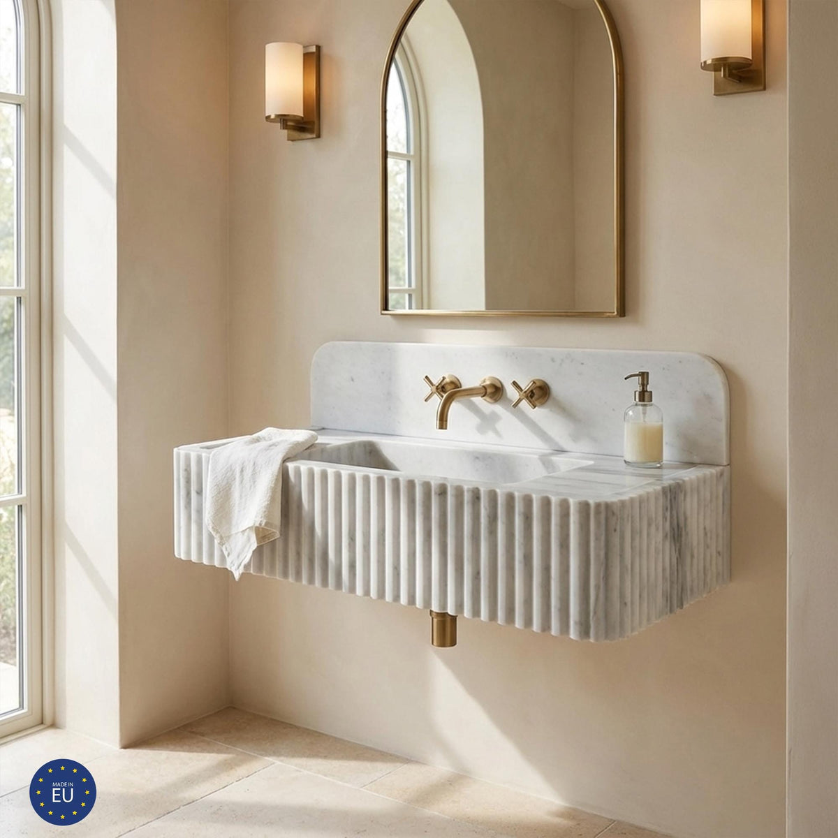 Carrara Marble Wall Mounted Sink – Fluted Stone Vanity with Integrated Backsplash for Modern Bathrooms M6S52 — view 1