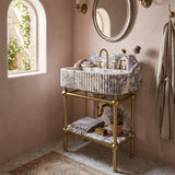Calacatta Viola Honed Marble Sink with Gold Stand Shelf & Sculpted Backsplash | Fluted Hand Carved Stone Basin | Custom Powder Room Vanity