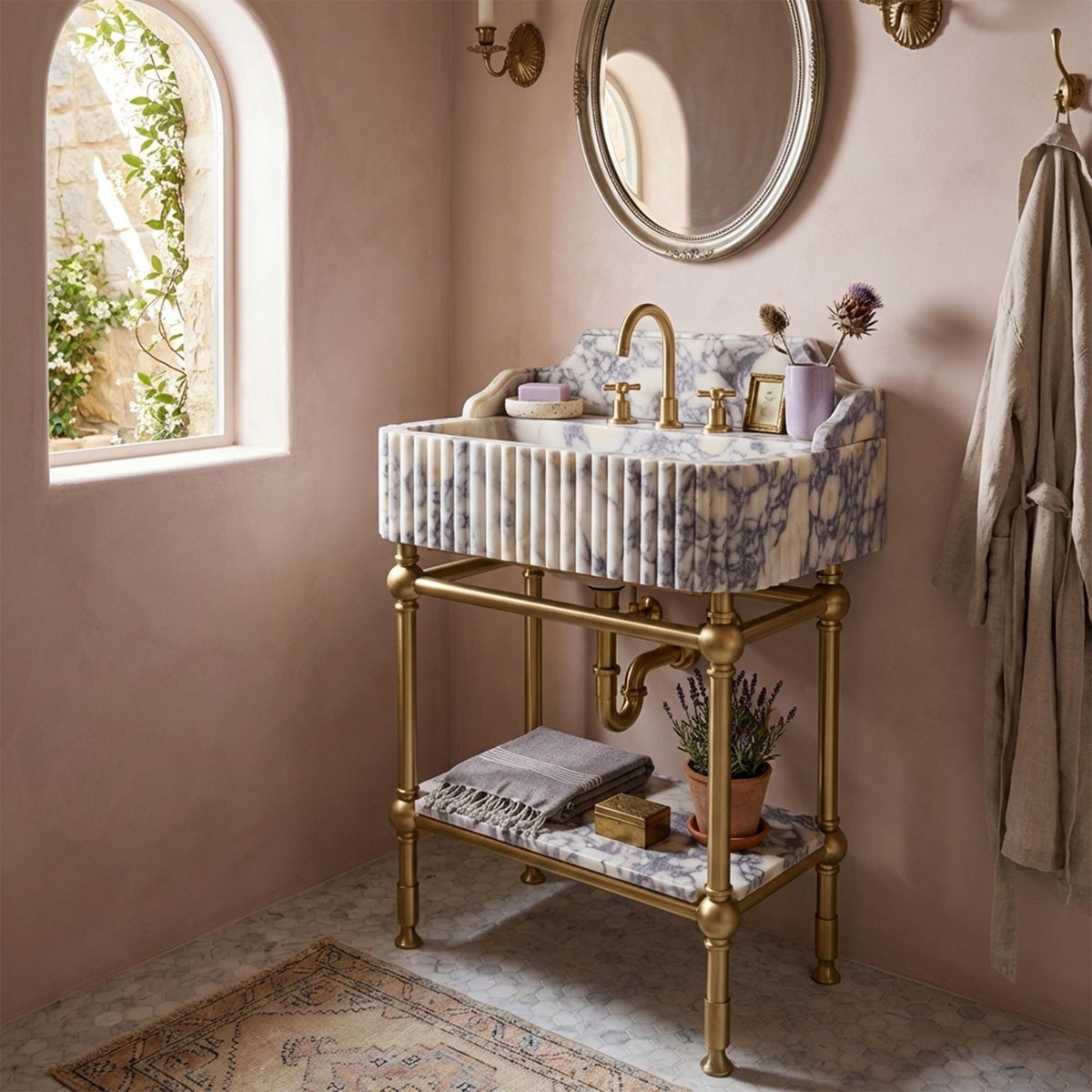 Calacatta Viola Honed Marble Sink with Gold Stand Shelf & Sculpted Backsplash | Fluted Hand Carved Stone Basin | Custom Powder Room Vanity
