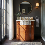 Calacatta Marble Fluted Sink with Oval Basin & Curved Walnut Cabinet | Hand Carved Natural Stone Vanity with Backsplash | Custom Bathroom