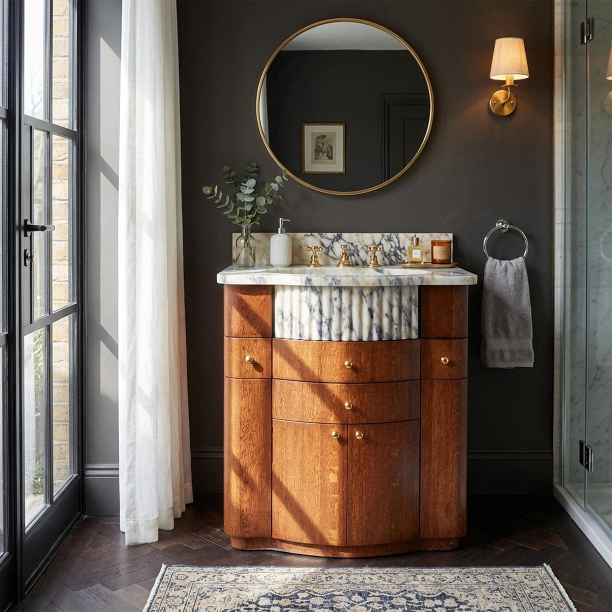Calacatta Marble Fluted Sink with Oval Basin & Curved Walnut Cabinet | Hand Carved Natural Stone Vanity with Backsplash | Custom Bathroom