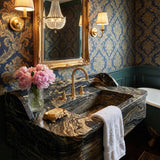 Nero Picasso Marble Sink with Gold Metal Stand & Sculpted Backsplash | Hand Carved Rare Dual-Texture Stone Basin | Custom Luxury Bathroom