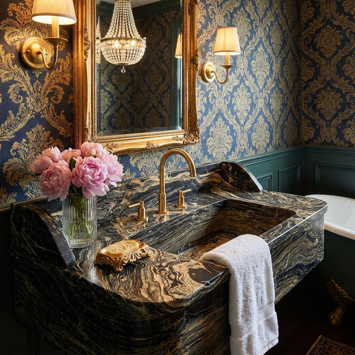 Nero Picasso Marble Sink with Gold Metal Stand & Sculpted Backsplash | Hand Carved Rare Dual-Texture Stone Basin | Custom Luxury Bathroom