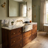 Calacatta Viola Marble Sink with Walnut 10 Drawer Cabinet | 72 Inch Wide Hand Carved Stone Basin with Counter | Custom Luxury Master Bath