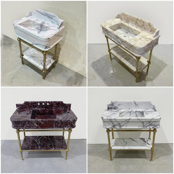 Hand Carved Pietre Notte Marble Pedestal Basin with Backsplash and Optional Metal Stand, Made in Small Batches hover