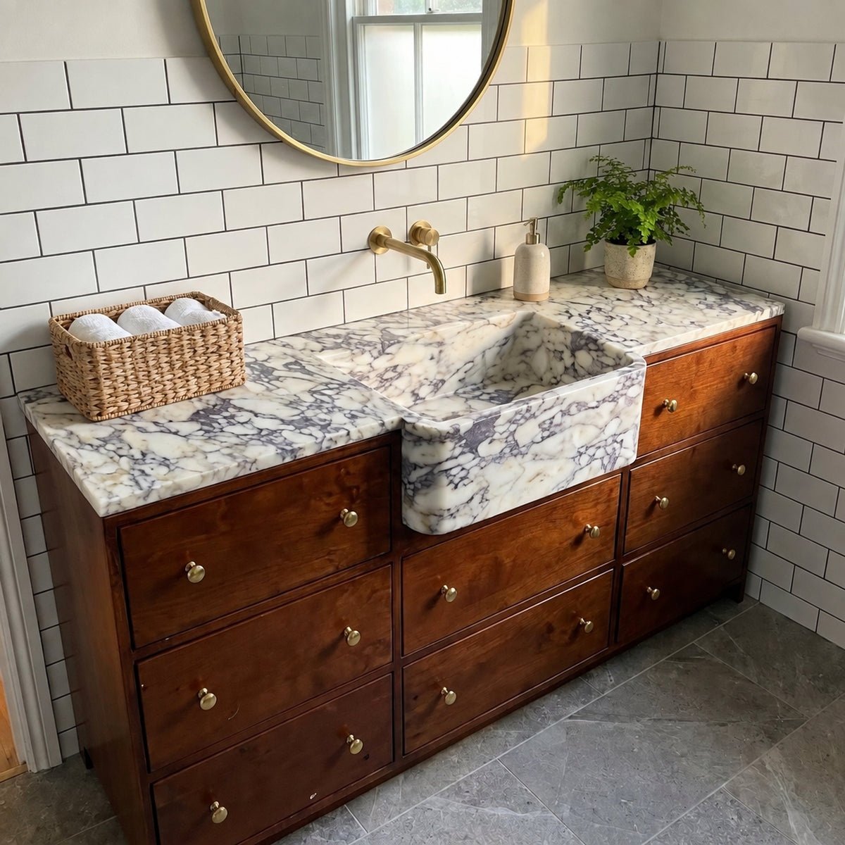Calacatta Viola marble sink and wooden vanity — view 1