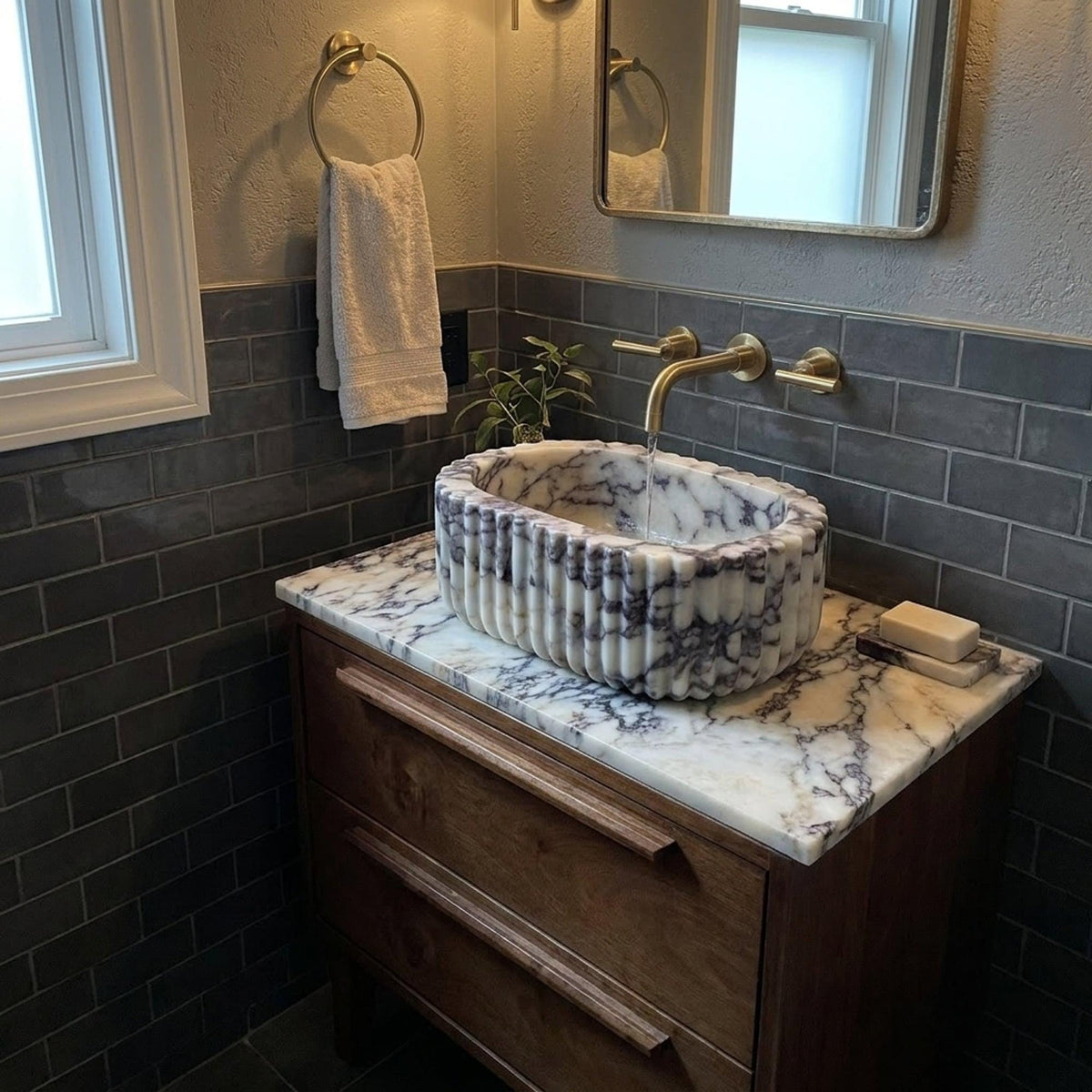 Calacatta Viola Marble Vanity Sink with Natural Stone Veining | Handmade Luxury Bathroom Sink — view 2