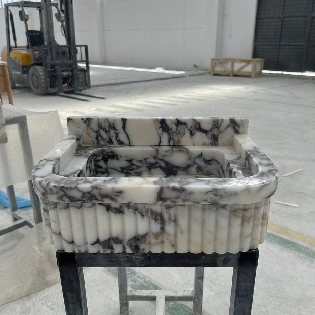 Calacatta Viola Fluted Wall Mounted Marble Sink with Backsplash and Hand Carved Detail, Small Batch Made to Order — view 10