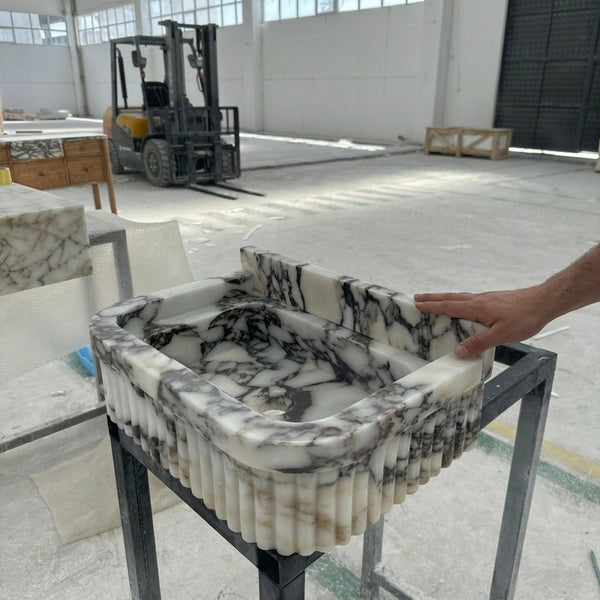 Calacatta Viola Fluted Wall Mounted Marble Sink with Backsplash and Hand Carved Detail, Small Batch Made to Order hover