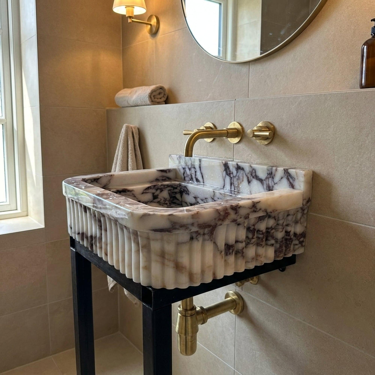 Calacatta Viola Fluted Wall Mounted Marble Sink with Backsplash and Hand Carved Detail, Small Batch Made to Order — view 13