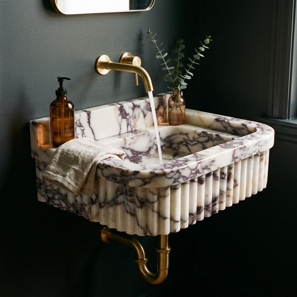 Calacatta Viola Fluted Wall Mounted Marble Sink with Backsplash and Hand Carved Detail, Small Batch Made to Order — view 1