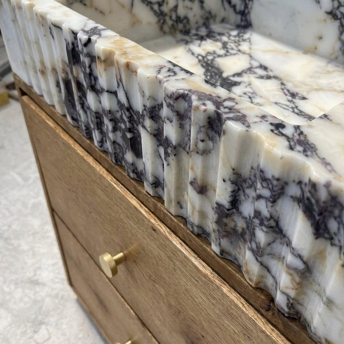 Calacatta Viola Sink | Calacatta Viola Fluted Marble Vanity Sink with Wood Vanity and Hand Carved Detail, Small Batch Made to Order — view 13