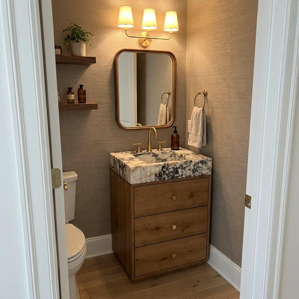 Calacatta Viola Sink | Calacatta Viola Fluted Marble Vanity Sink with Wood Vanity and Hand Carved Detail, Small Batch Made to Order hover