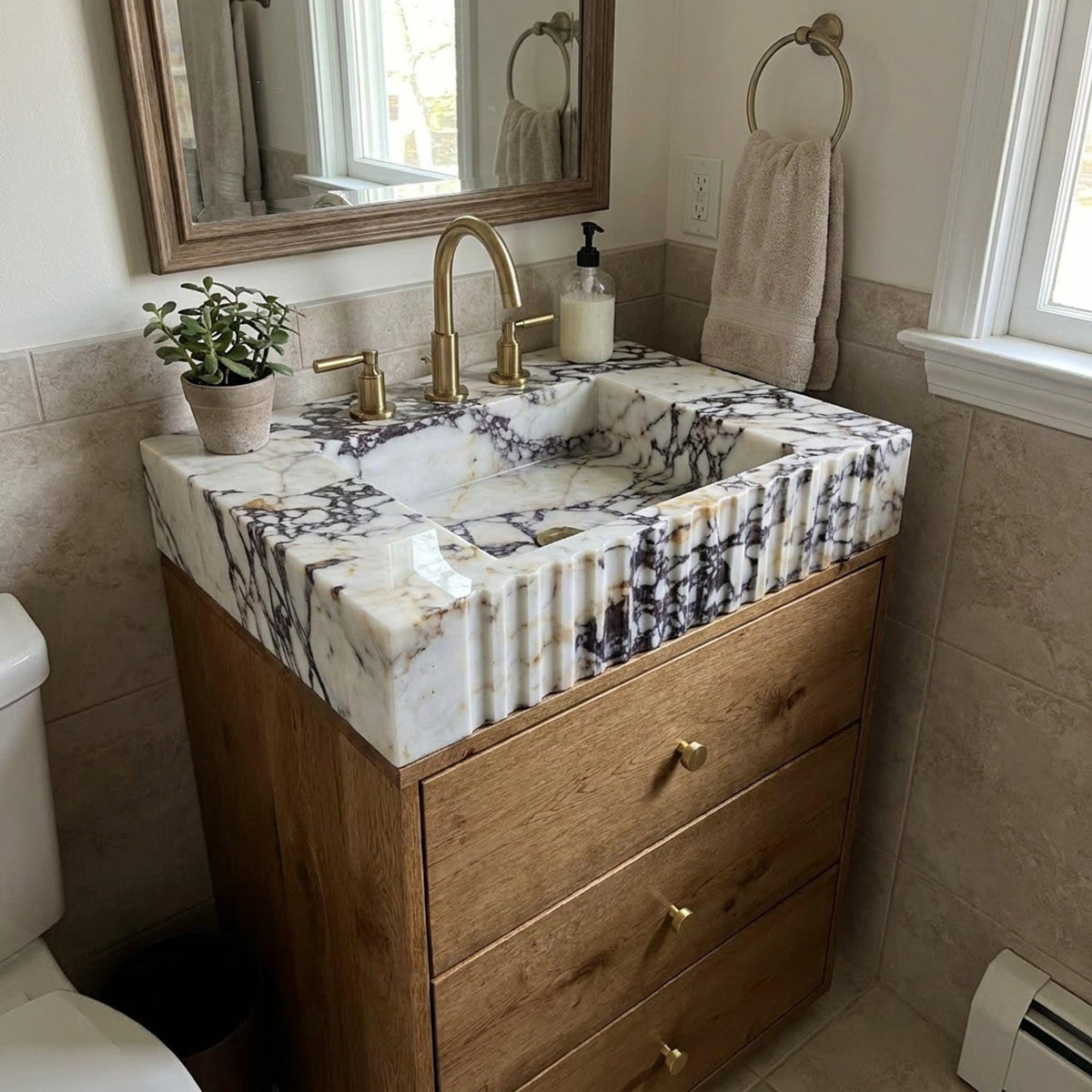 Calacatta Viola Sink | Calacatta Viola Fluted Marble Vanity Sink with Wood Vanity and Hand Carved Detail, Small Batch Made to Order — view 17