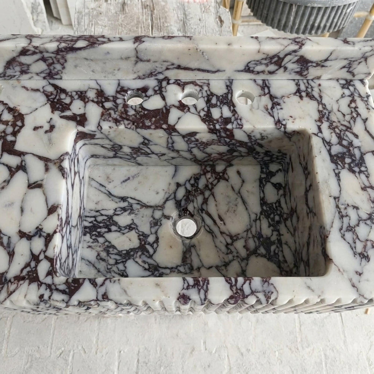 Calacatta Viola Sink | Calacatta Viola Fluted Wall Mounted Marble Sink with Backsplash and Hand Carved Detail, Small Batch Made to Order — view 5