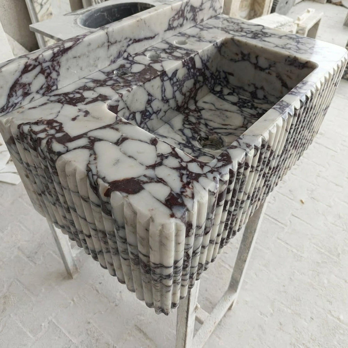 Calacatta Viola Sink | Calacatta Viola Fluted Wall Mounted Marble Sink with Backsplash and Hand Carved Detail, Small Batch Made to Order — view 3