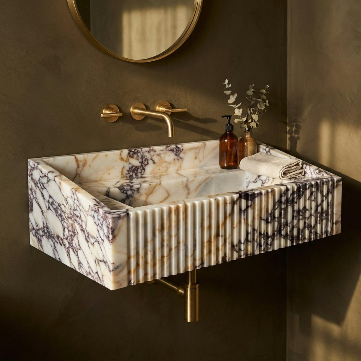 Fluted Calacatta Viola Floating Marble Basin with Backsplash and Hand Carved Detail, Small Batch Made to Order — view 16