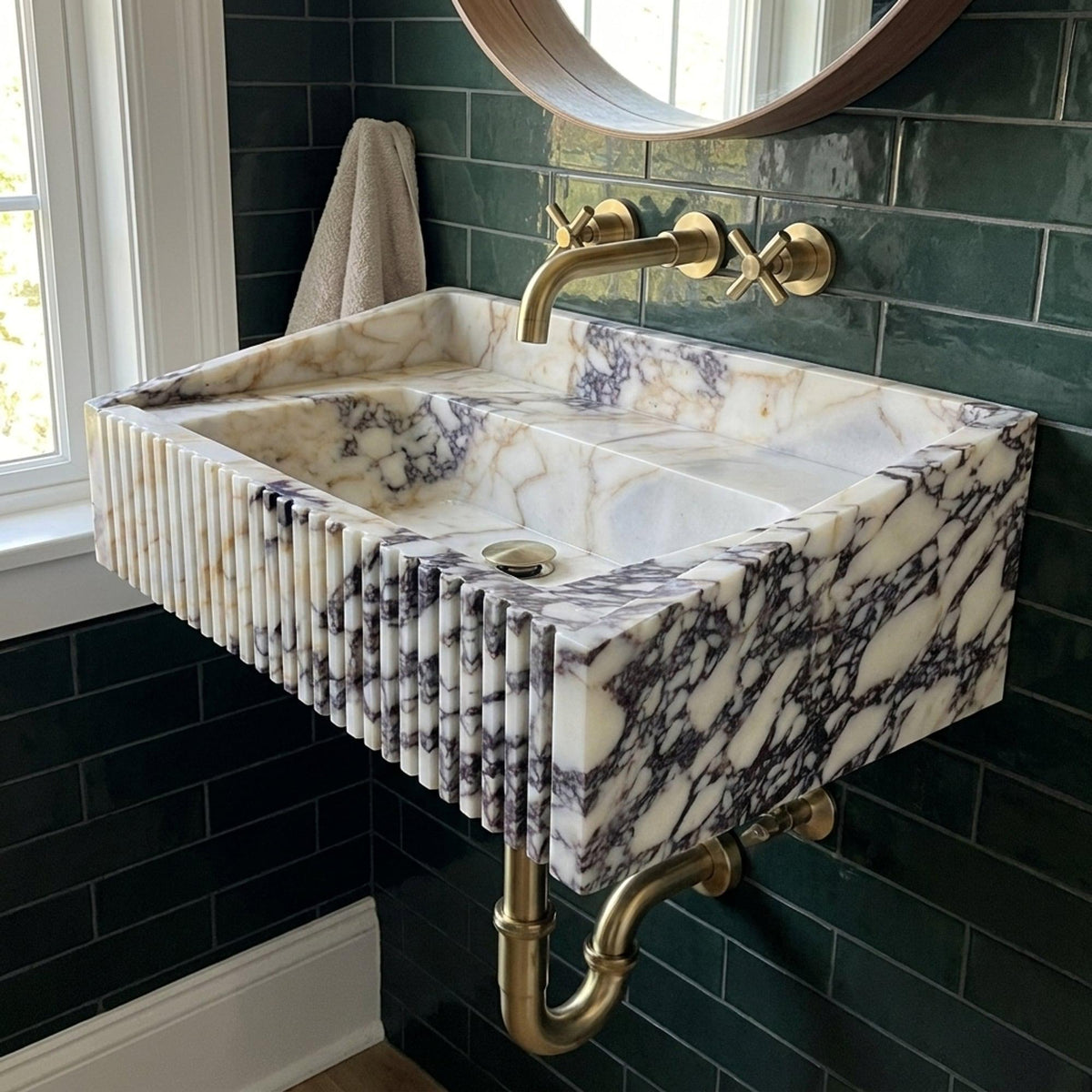 Fluted Calacatta Viola Floating Marble Basin with Backsplash and Hand Carved Detail, Small Batch Made to Order — view 17