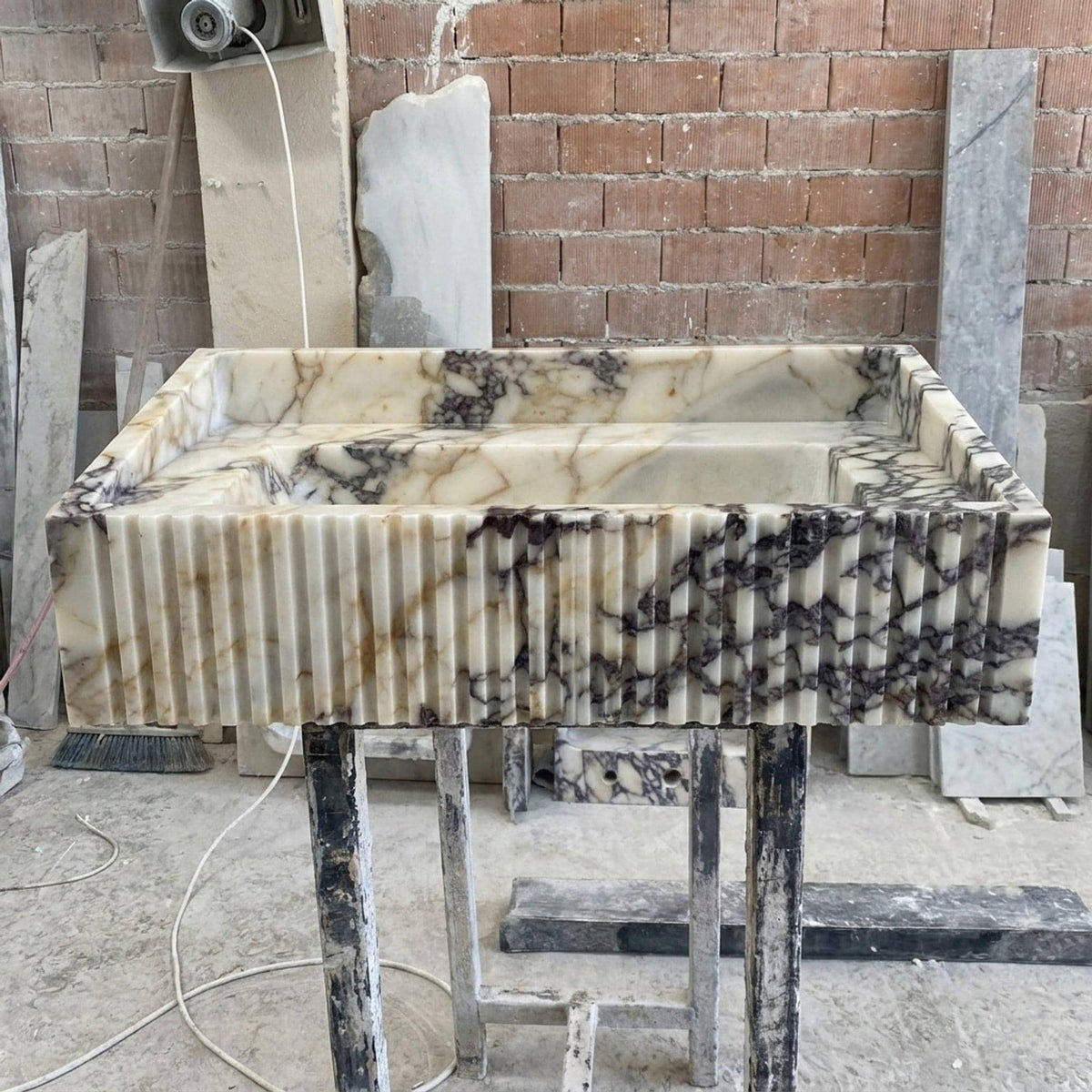Fluted Calacatta Viola Floating Marble Basin with Backsplash and Hand Carved Detail, Small Batch Made to Order — view 5