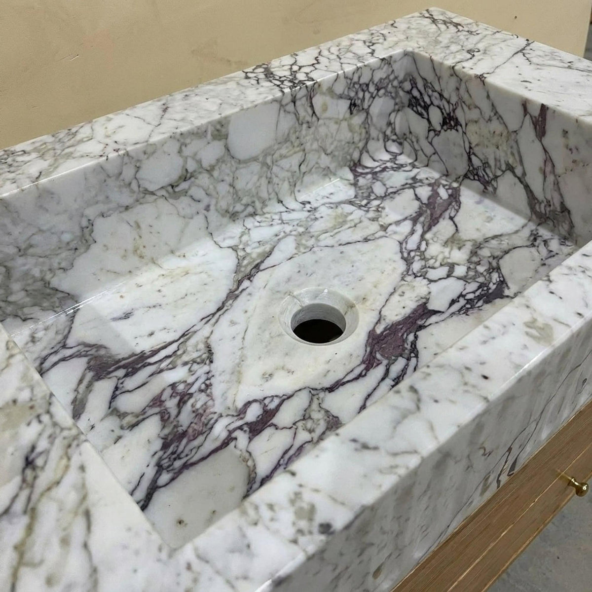 Fluted Calacatta Viola Marble Vanity Basin with Wood Vanity and Hand Carved Detail, Small Batch Made to Order — view 14