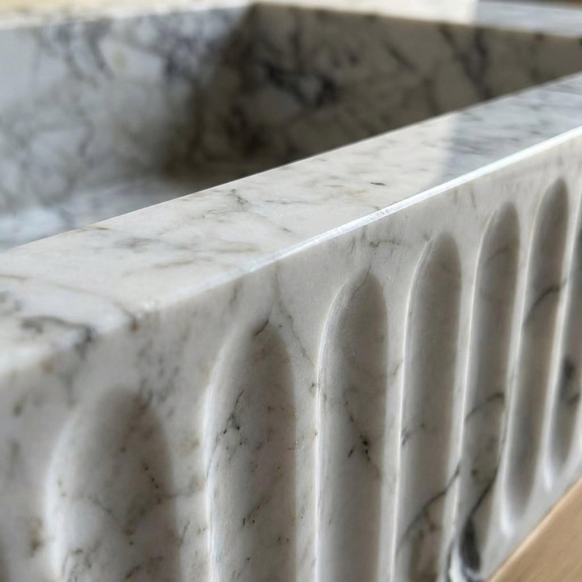 Fluted Calacatta Viola Marble Vanity Basin with Wood Vanity and Hand Carved Detail, Small Batch Made to Order — view 15