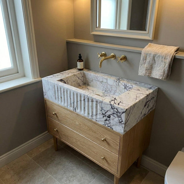 Fluted Calacatta Viola Marble Vanity Basin with Wood Vanity and Hand Carved Detail, Small Batch Made to Order hover