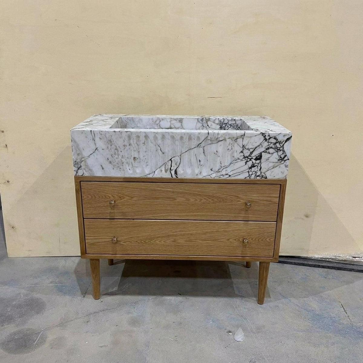 Fluted Calacatta Viola Marble Vanity Basin with Wood Vanity and Hand Carved Detail, Small Batch Made to Order — view 3