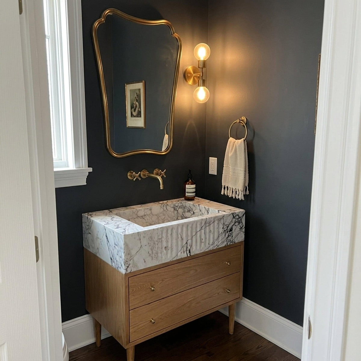 Fluted Calacatta Viola Marble Vanity Basin with Wood Vanity and Hand Carved Detail, Small Batch Made to Order — view 1