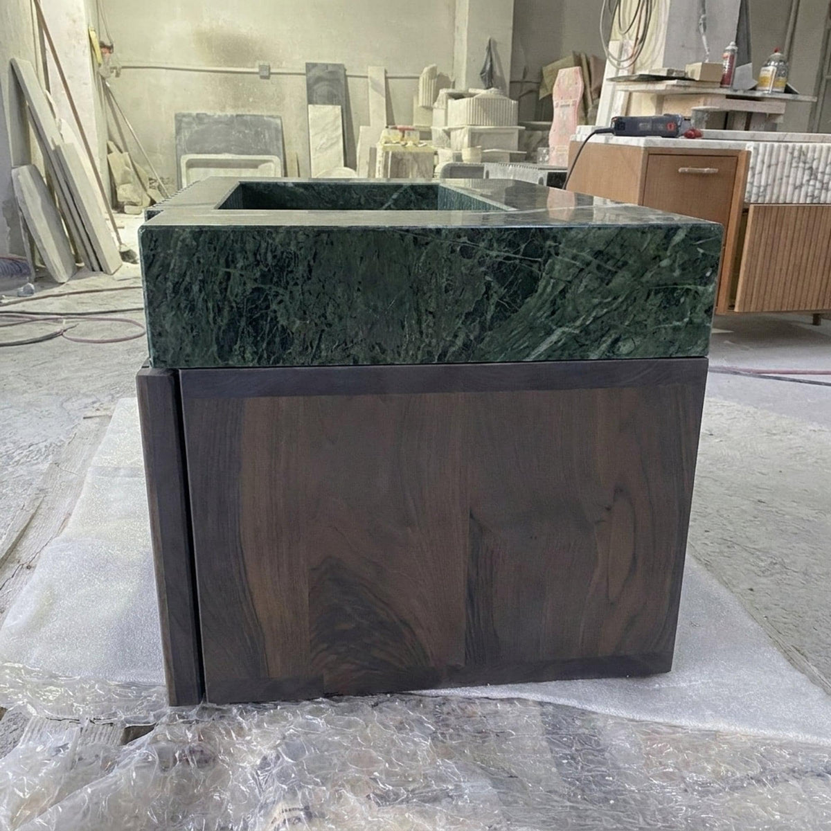 Fluted Green Marble Vanity Basin with Wood Vanity and Hand Carved Detail, Small Batch Made to Order — view 4
