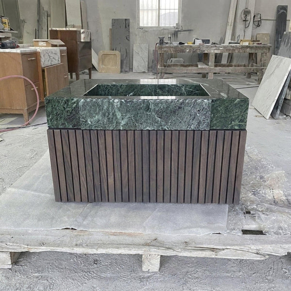 Fluted Green Marble Vanity Basin with Wood Vanity and Hand Carved Detail, Small Batch Made to Order hover