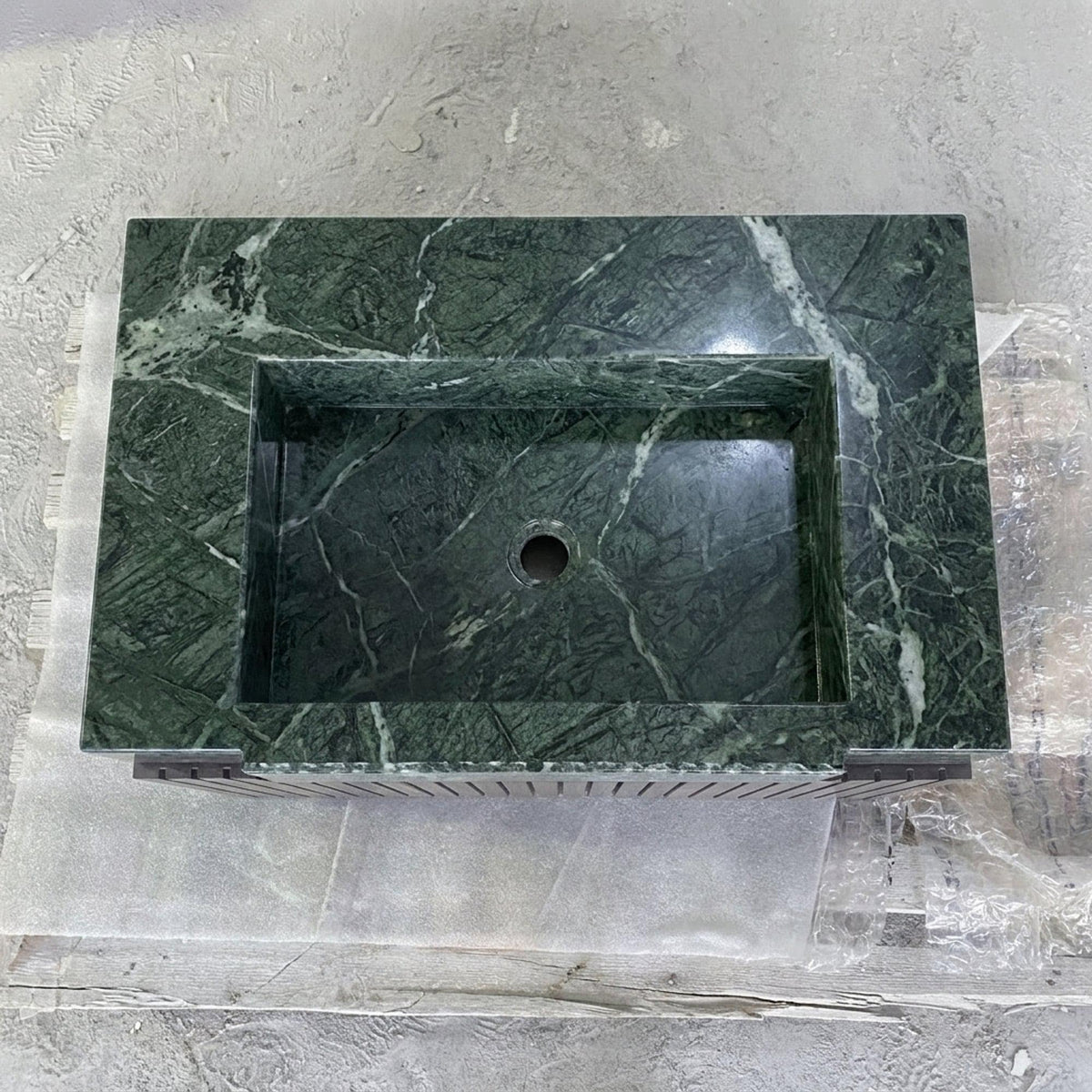 Fluted Green Marble Vanity Basin with Wood Vanity and Hand Carved Detail, Small Batch Made to Order — view 7
