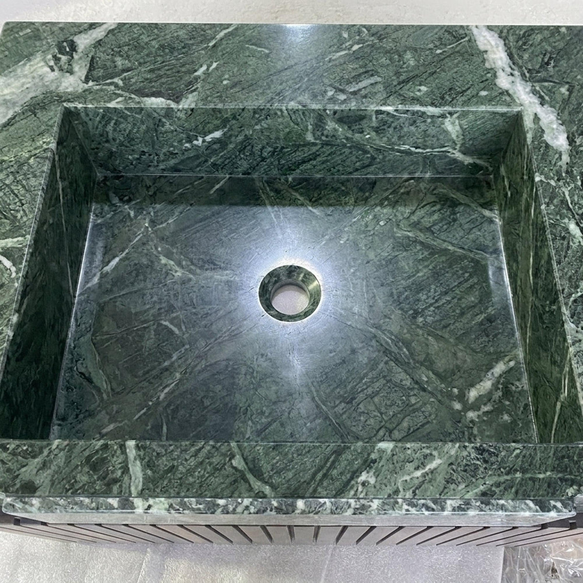 Fluted Green Marble Vanity Basin with Wood Vanity and Hand Carved Detail, Small Batch Made to Order — view 15