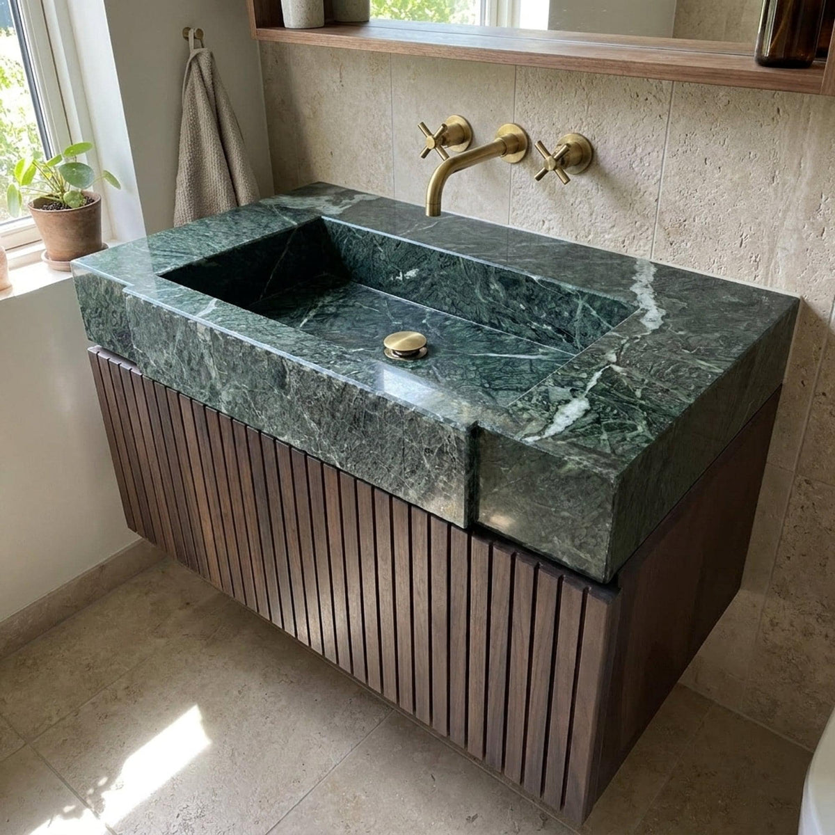 Fluted Green Marble Vanity Basin with Wood Vanity and Hand Carved Detail, Small Batch Made to Order — view 16