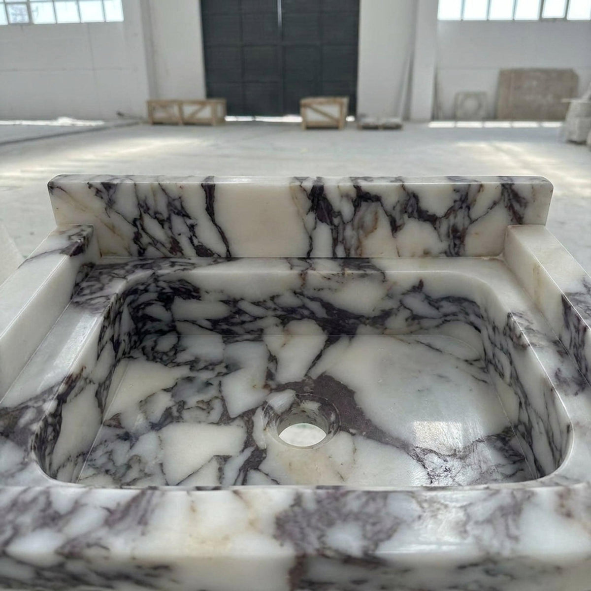 Calacatta Viola Fluted Wall Mounted Marble Sink with Backsplash and Hand Carved Detail, Small Batch Made to Order — view 9