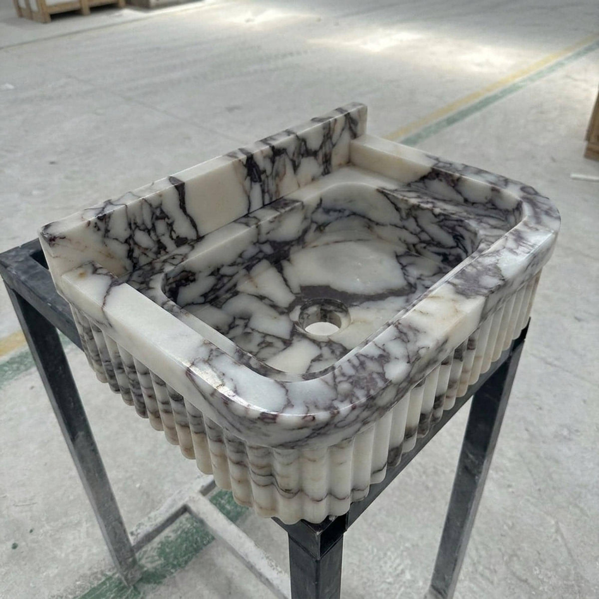 Calacatta Viola Fluted Wall Mounted Marble Sink with Backsplash and Hand Carved Detail, Small Batch Made to Order — view 4