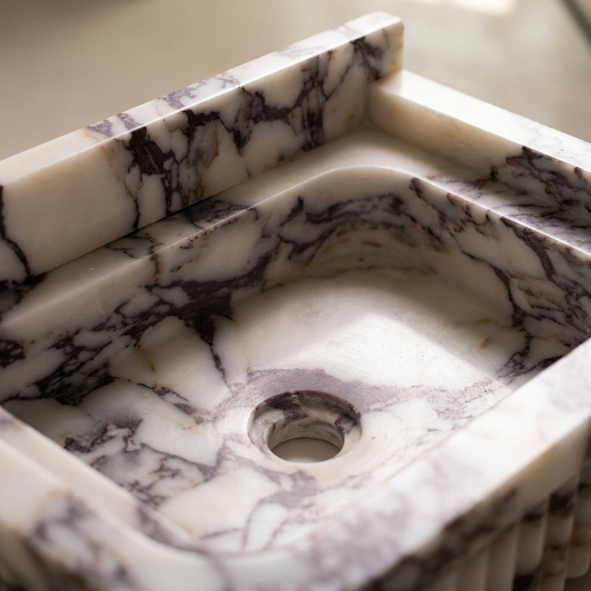 Calacatta Viola Fluted Wall Mounted Marble Sink with Backsplash and Hand Carved Detail, Small Batch Made to Order — view 12