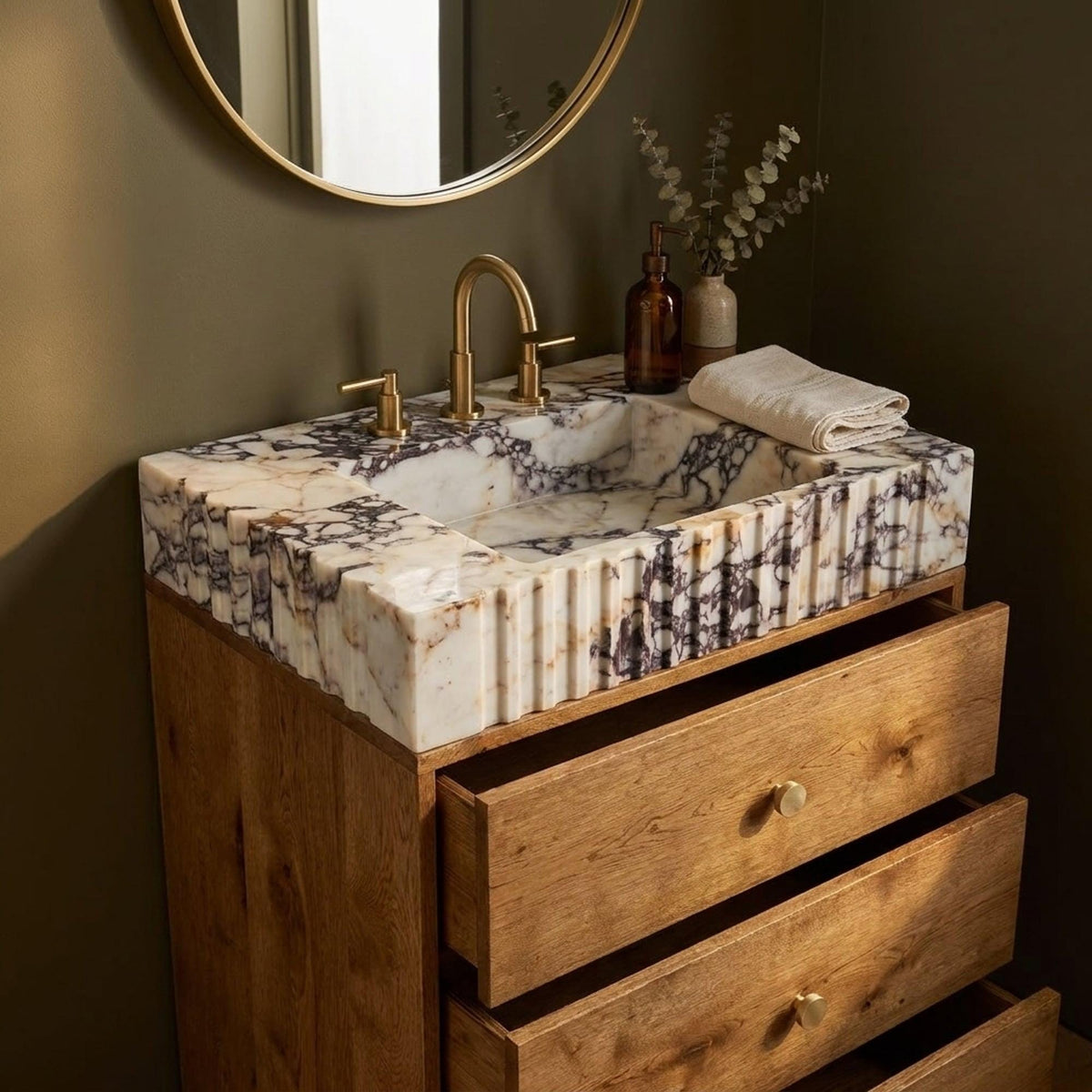 Calacatta Viola Sink | Calacatta Viola Fluted Marble Vanity Sink with Wood Vanity and Hand Carved Detail, Small Batch Made to Order — view 1