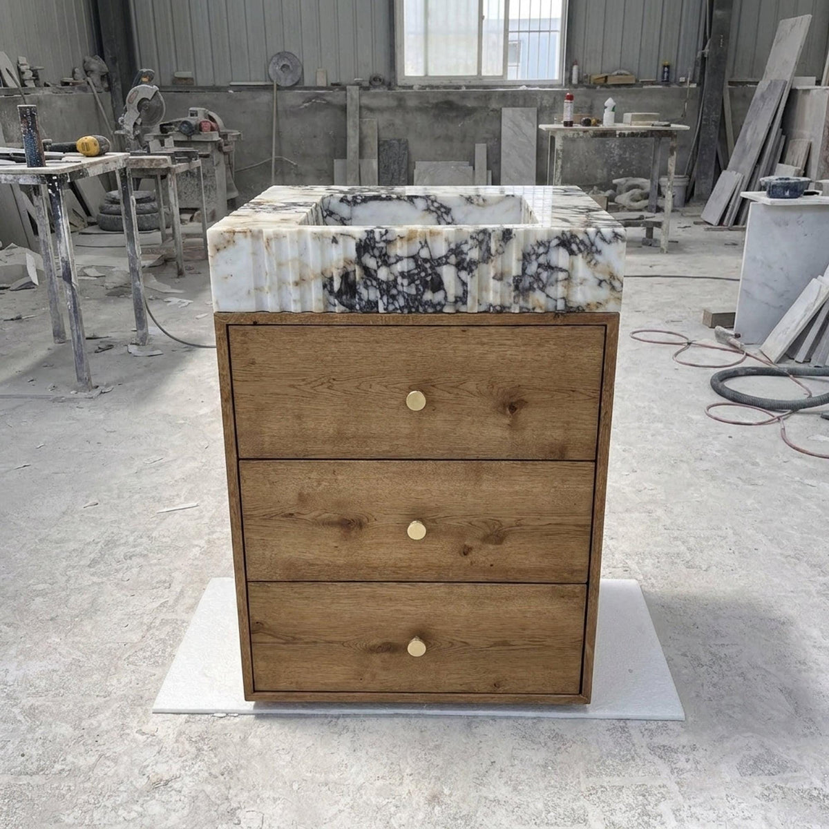 Calacatta Viola Sink | Calacatta Viola Fluted Marble Vanity Sink with Wood Vanity and Hand Carved Detail, Small Batch Made to Order — view 5
